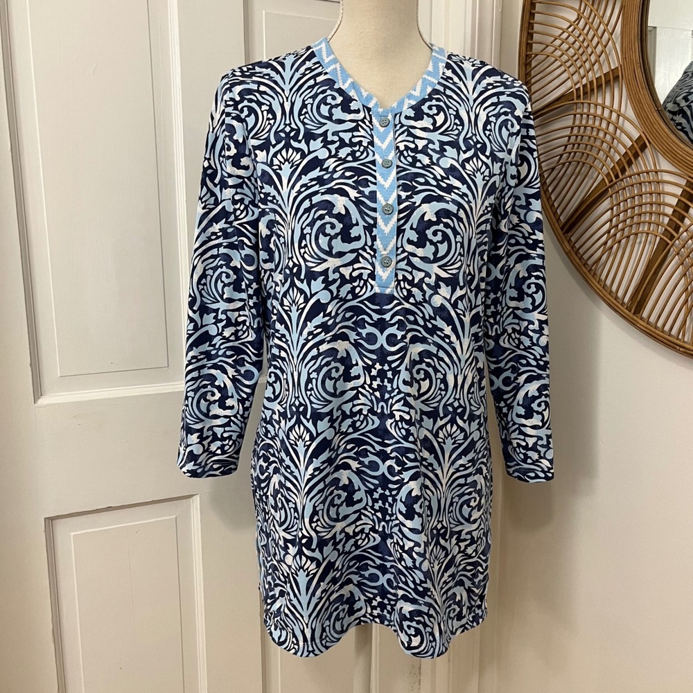 J.McLaughlin Tunic Top Cover Up Mini Dress L Blue Catalina Cloth Coastal Resort